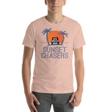 Load image into Gallery viewer, Sunset Chasers jeep palm tree beach scene women's men's t-shirt
